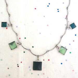 GLOWING GLASS SQUARE SHADES OF GREEN CABOCHONS SILVER TONE NECKLACE NEW